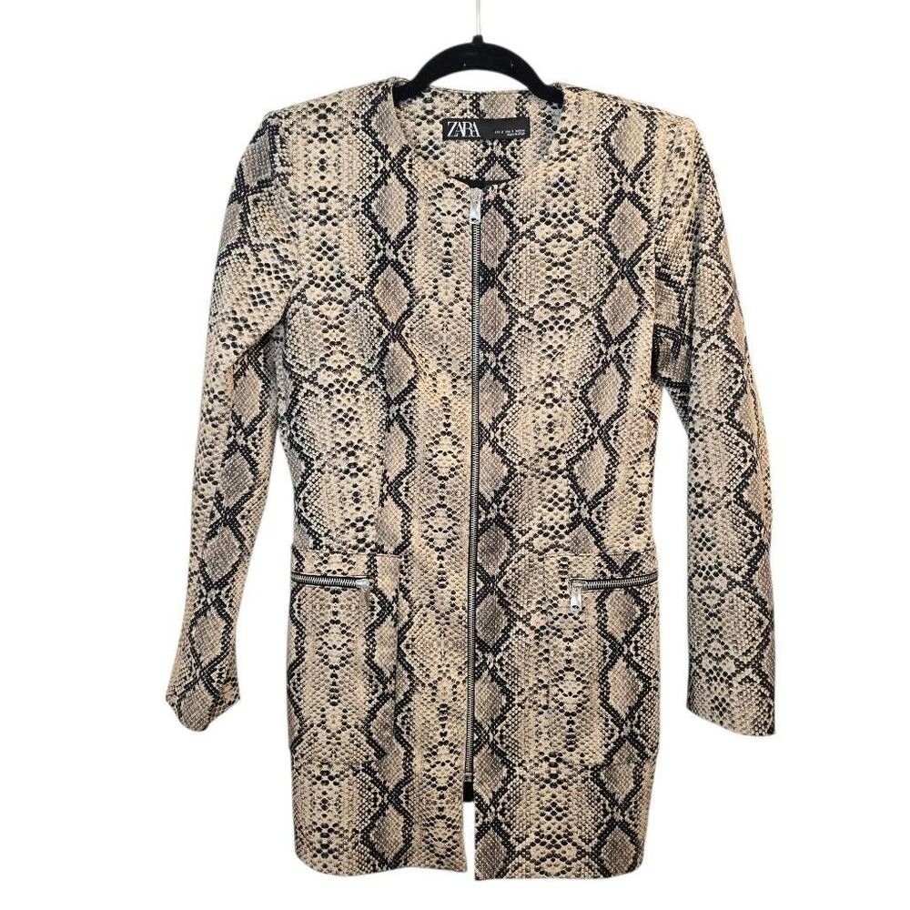 Zara Snakeskin Collarless Jacket Womens Small Long Sleeve Full Zip Longline Coat